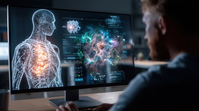 Futuristic AI hologram on monitor with human analyst in low light