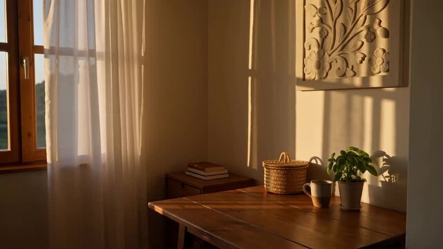 Inviting Interior Scene with Warm Sunlight Streaming Through Window onto Wooden Table and Potted
