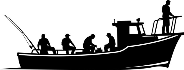 Fishing Boat Silhouette with Fishermen Crew and Ocean Vessel Scene for Maritime Industry and Coastal Adventure Design © mokbul