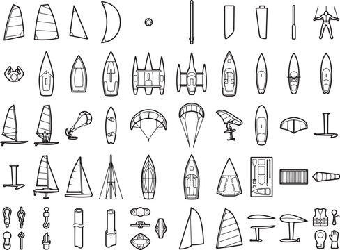 Collection of line art icons representing various water sports equipment and accessories.