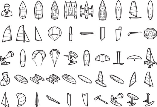 Collection of water sports and watercraft outline icons, showcasing a variety of surfboards, sailboats, windsurfing equipment, and paragliders, presented in a clean, minimalistic design.