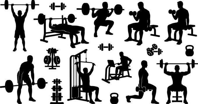 Gym Workout Silhouette Collection Featuring Weightlifting Strength Training and Fitness Exercise Equipment for Athletic Lifestyle Designs