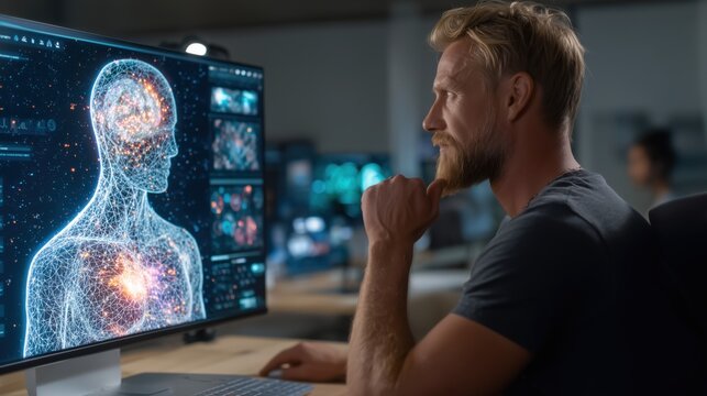 Futuristic AI hologram on monitor with human analyst in low light