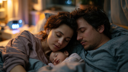 Fototapeta premium A couple lies exhausted side by side on a bed, the newborn asleep between them, baby monitor glowing on the nightstand, blackout curtains barely blocking afternoon light, outdoor nature sounds impli