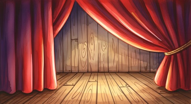 Open Red Stage Curtains Revealing Wooden Theater Background with Spotlight Effect