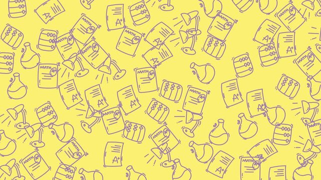 Education doodle pattern with school supplies like math papers, science beakers. Perfect for educational presentations, classroom resources, and stationery designs.