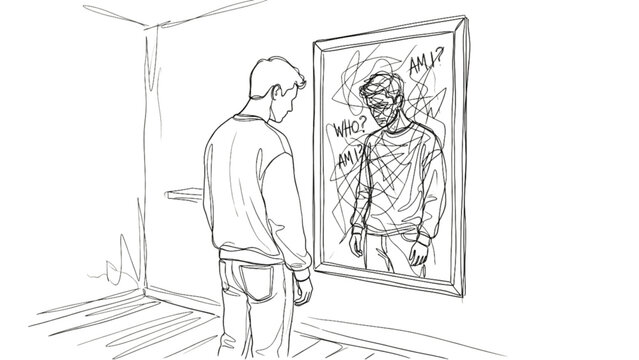 Continuous Line Mirror Reflection Identity Struggle Self Awareness Minimal Black Line Art Concept Illustration