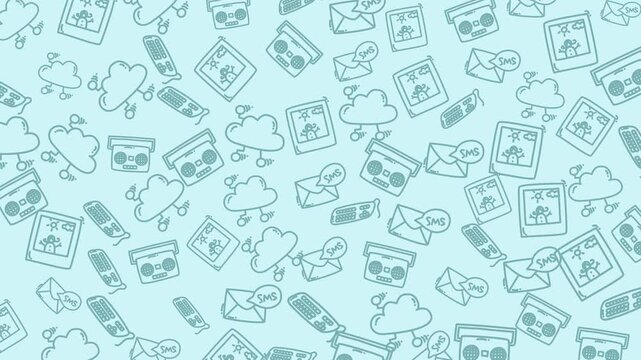 Technology doodle digital pattern with communication icons on light blue background. Suitable for tech presentations, web designs, and graphic projects.