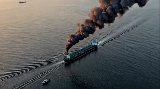 A video of a cargo ship on fire in the ocean during sunset