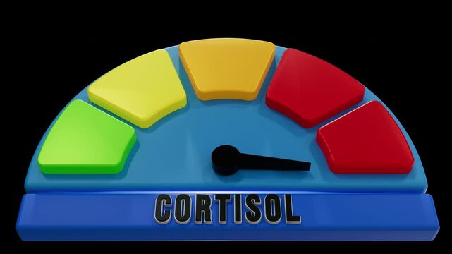 Cortisol Level Gauge: 3D Render of Stress Hormone Scale with Arrow in High Red Zone