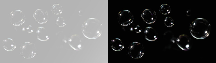 Transparent soap bubbles floating with glossy reflections and realistic sparkling air sphere effect in minimal style png © theladydarina