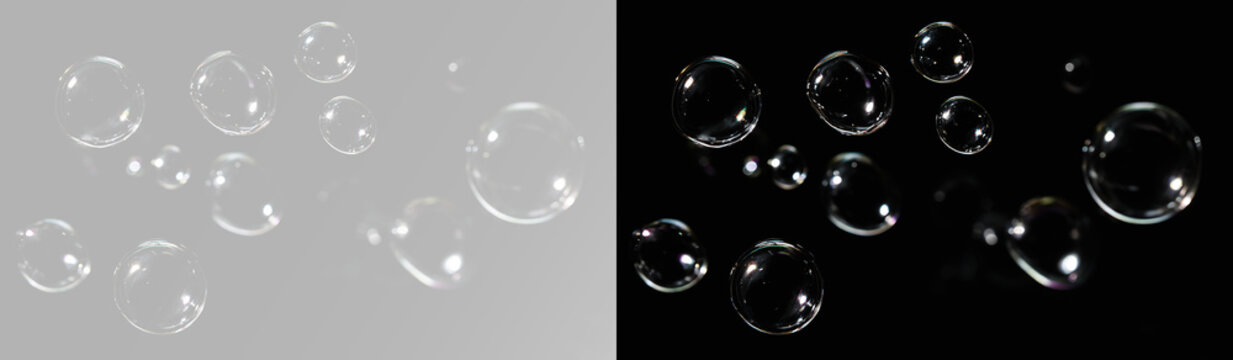 Transparent soap bubbles floating with glossy reflections and realistic sparkling air sphere effect in minimal style png