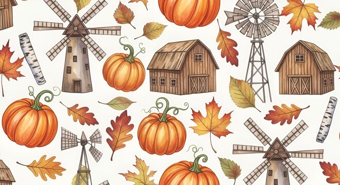 Autumn Farm Pattern with Pumpkins, Barns and Windmills