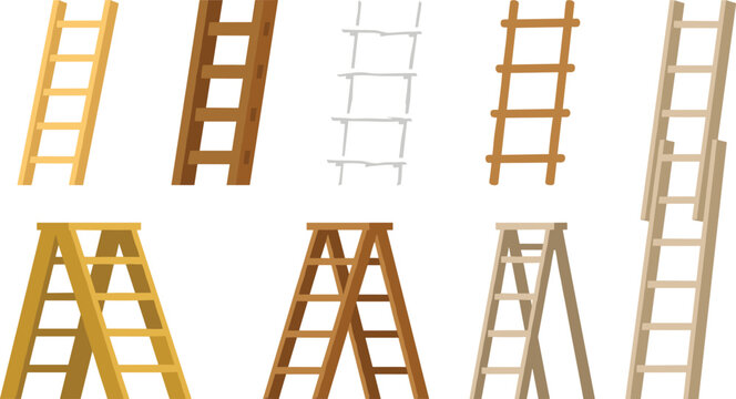 Wooden Ladder Vector Icon Set with Extension and Stepladder Designs for Home Repair Construction Clambering and Interior Maintenance Graphics