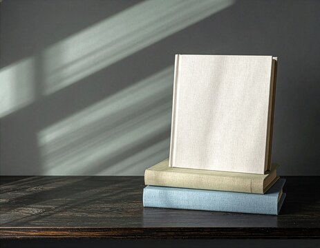 Blank Linen Hardcover Book Mockup Standing on Stack of Books upon Wooden Table with Window Shadow
