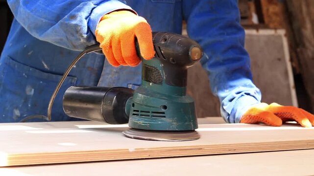 Worker sands wooden surface with random orbital sander. Professional craftsman in protective orange gloves uses orbital sander for finishing plywood. Close-up of woodworking process in workshop