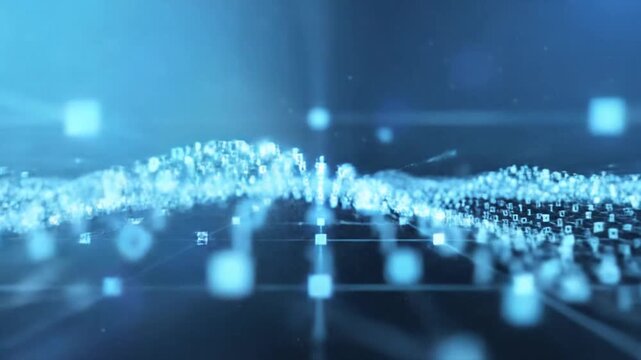 A digital network of glowing blue binary code flowing across a dark background