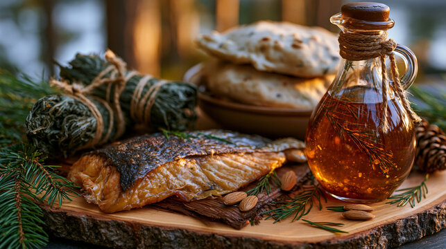 A symbolic still life of indigenous North American superfoods, including dried wild salmon, birch syrup, stinging nettle bundles, and bannock, arranged on cedar bark in golden hour light filtering t