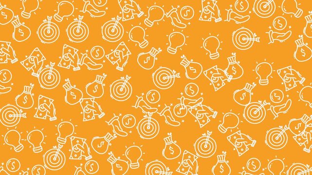Finance doodle pattern with lightbulbs, targets, money icons on orange background. Suitable for financial presentations, social media posts, business websites.
