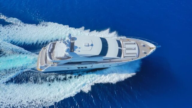 Luxury yacht cruising smoothly on deep blue ocean leaving dynamic trail of white waves in serene seascape