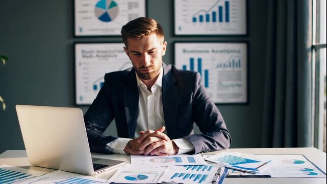 Businessman analyzing data on laptop for business analytics