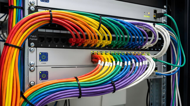A close-up view of a server with colorful cables neatly organized and secured with cable ties