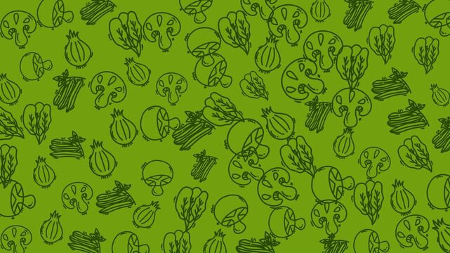 Vegetable doodle pattern with fresh greens, suitable for packaging, kitchen decor, restaurant menus, healthconscious brands, and foodrelated projects.