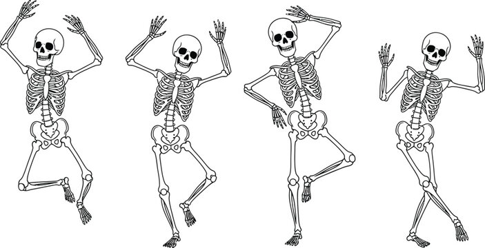 Dancing Skeleton Character Line Drawing Collection in Black and White Style