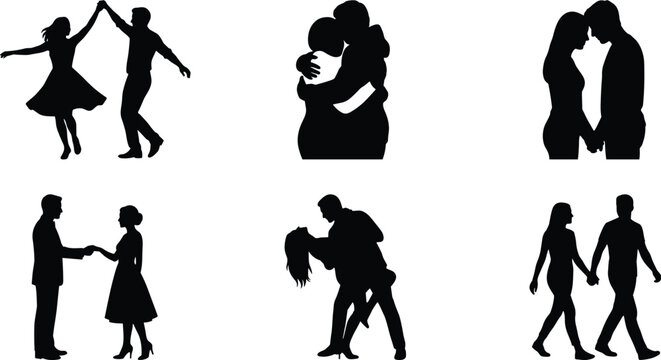 Romantic Couple Silhouette Collection Featuring Dancing Hugging Walking and Loving Relationship Poses for Valentine Lifestyle Vector Design