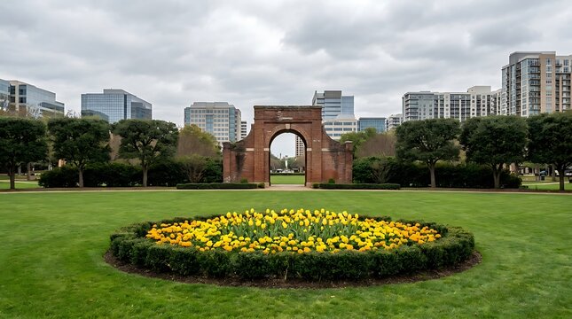 Historic brick archway in a lush green park surrounded by modern city buildings in dallas, texas