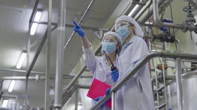 Food factory automated production line, Industrial worker and laboratory technician in cleanroom inspection with clipboard, mask, safety gear, stainless pipe system, quality control, metal factory