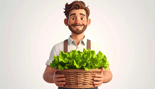 Happy farmer with fresh green lettuce