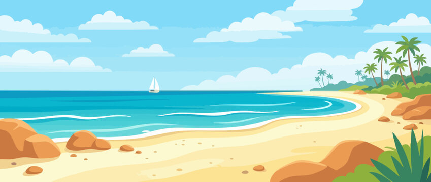 Summer landscape background with tropical beach: horizontal vector illustration of ocean coastline, palm trees. Horizontal vector background of summer beach landscape: beautiful exotic island coast