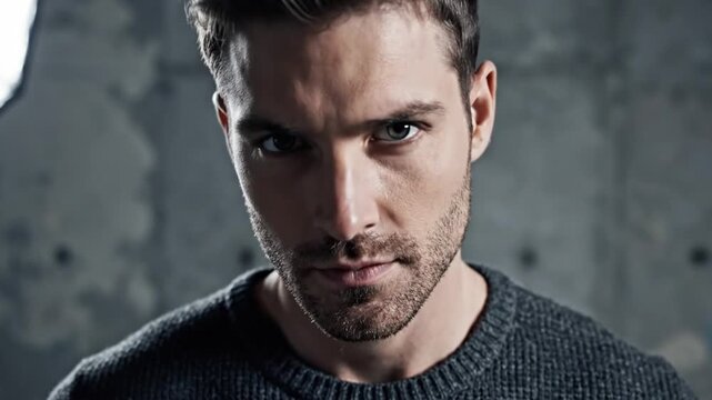Man with intense stare and dark hair wearing a grey sweater
