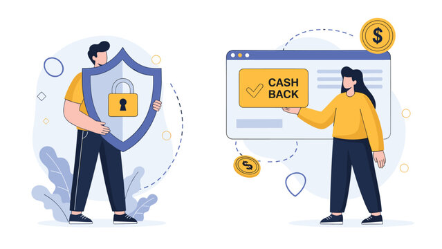 Man holding a large security shield with a lock next to a woman presenting a cashback offer on a digital computer screen.
