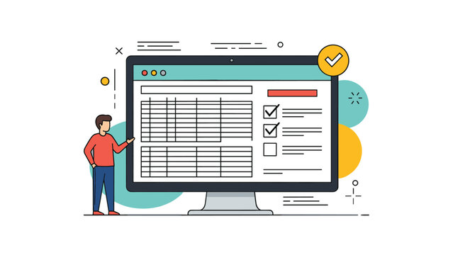 Professional specialist presenting comprehensive data spreadsheet and completed tasks checklist on a large digital desktop monitor.