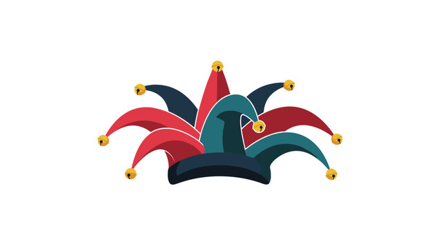Vibrant and colorful jester hat with multiple points and golden bells representing comedy, entertainment, and theatrical performance.