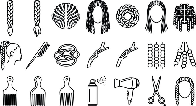 Collection of various hair braids, hair accessories, and styling tools presented as simple black outline icons