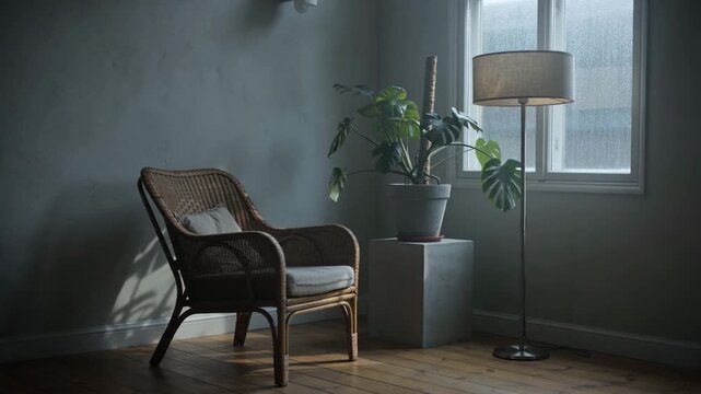 Cozy Indoor Ambiance with Wicker Chair, Monstera Plant, and Floor Lamp in Dramatic Lighting Casting