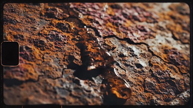 A close-up shot reveals a heavily weathered and rusted metal surface, showcasing intricate patterns of corrosion and decay with a dramatic, textured aesthetic.