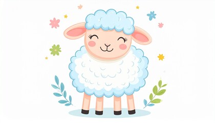 Naklejka premium Cute Cartoon Sheep Illustration with Floral Accents and Happy Expression.
