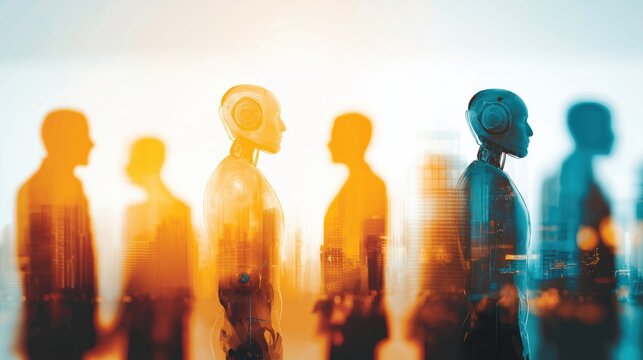 Enterprise AI transformation with humanoid robots in corporate office corridor