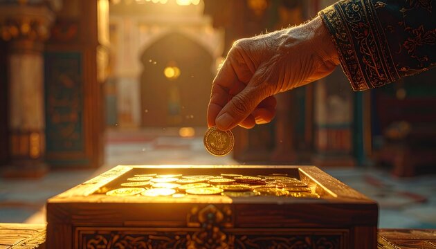 Donating to Charity - Hand Placing Coin in Wooden Box.