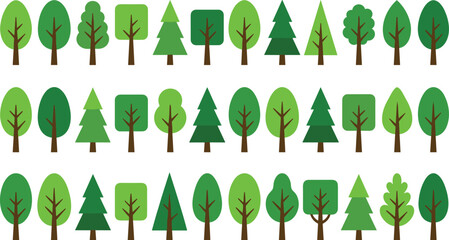 Minimalist Geometric Forest Tree Vector Icon Set with Diverse Coniferous and Deciduous Shapes for Flat Infographics, Video Game Assets, and Modern Map Layouts © Sohel
