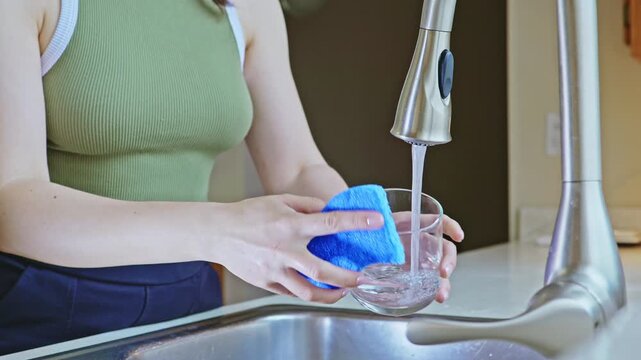 A person fills a clear glass with water from a metal kitchen faucet. The setting shows a kitchen counter with a sink. Sunlight comes in through the window.