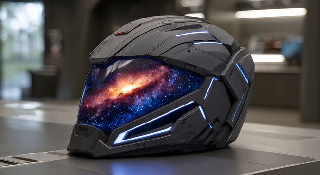 Futuristic motorcycle helmet with galaxy design on visor and blue lights