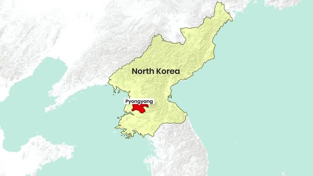 Animated map highlighting Pyongyang within North Korea's geographical borders