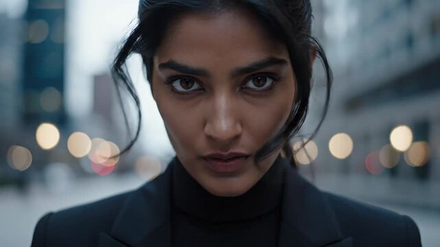 Serious woman in black blazer looking forward with city bokeh background
