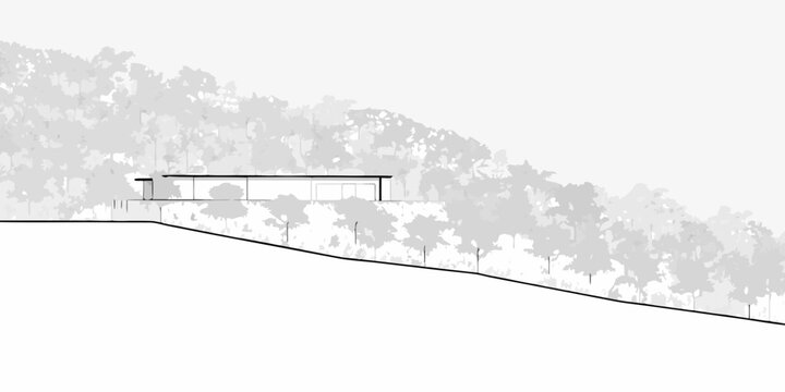 modern building integrated into hillside landscape architectural rendering