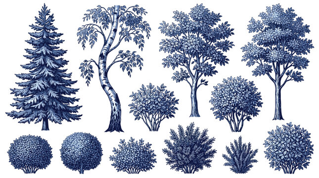 Vintage Blue Ink Sketch Forest Tree Vector Elements Set with Pine Birch and Dense Shrubbery for Architectural Rendering Landscape Planning and Classic Designs